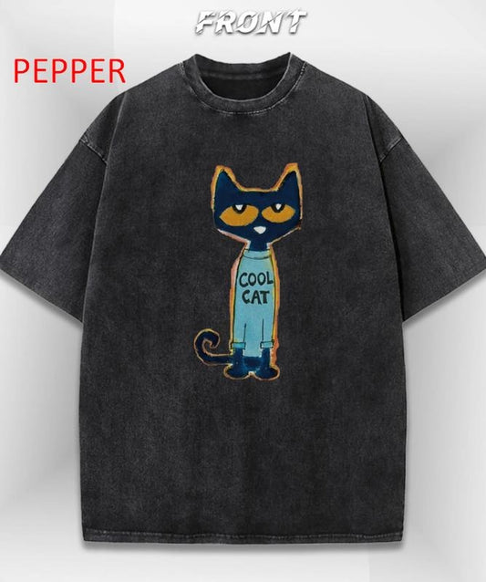 Cool Cat Print Vintage Cotton T-Shirt, Y2K Style Fun Prints, American Street Style Tee, Unisex Menswear Womenswear Top...