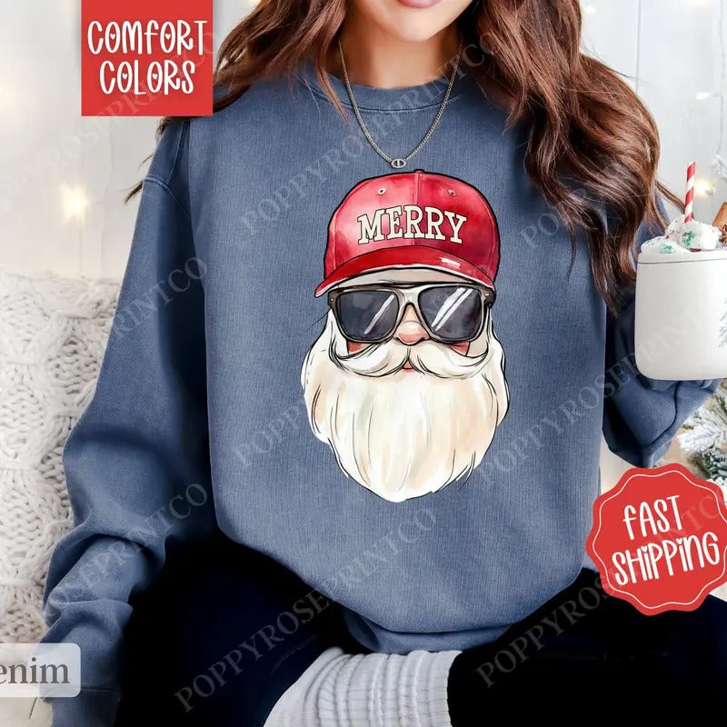 Cool Santa Sweatshirt Comfort Colors, Preppy Christmas Sweater,  Womens Holiday Crewneck T-Shirts, Hoodie | WearSparks.com