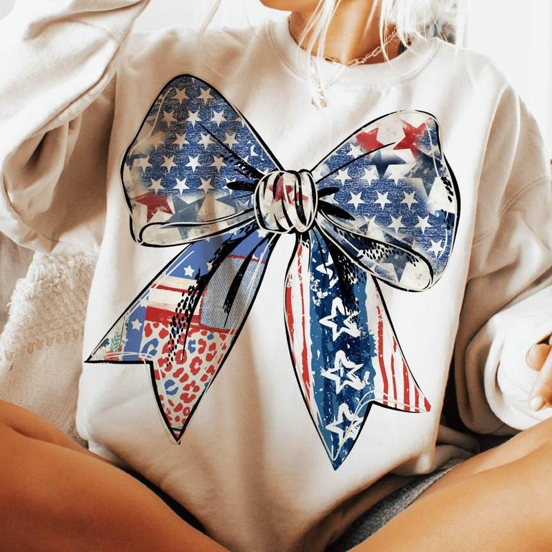 Coquette 4th of July Bow Shirt American Flag Patriotic Girl Graphic Tee USA Aesthetic T-Shirt 100% Cotton Hoodie, Sweatshirt