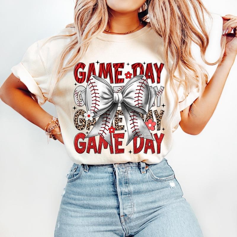 Coquette Baseball T-Shirt, Game Day Baseball T-Shirt, Baseball Mama Bow T-Shirt, Glitter, Leopard Print, Baseball Mom...