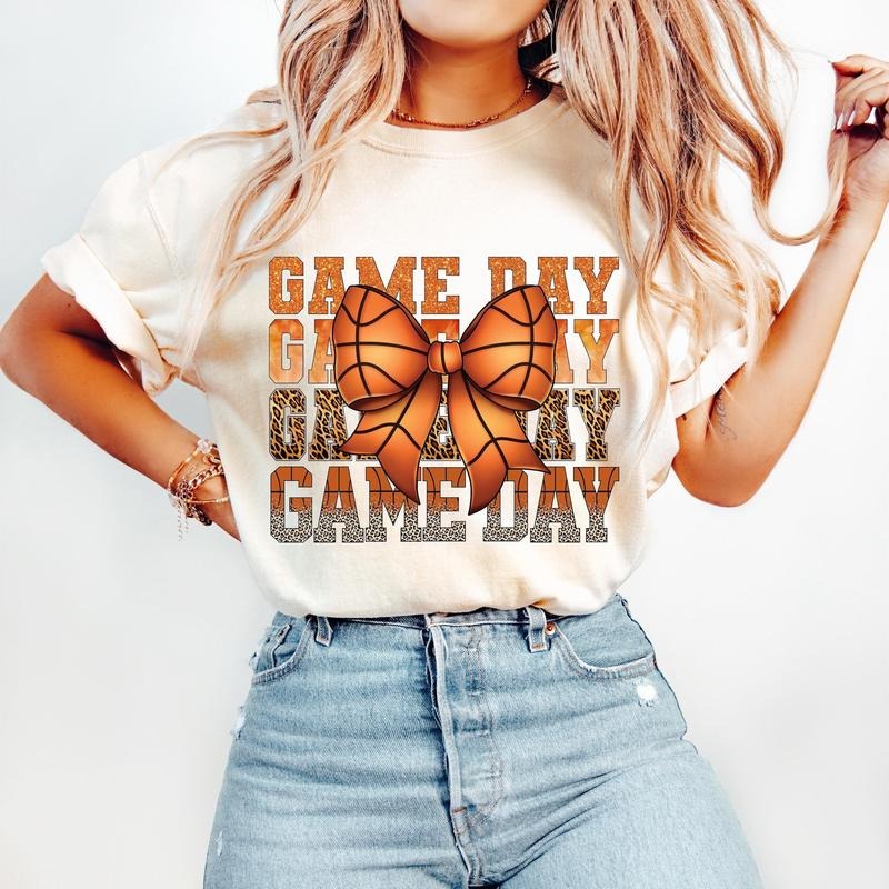 Coquette Basketball T-Shirt, Game Day Basketball T-Shirt, Basketball Mama Bow T-Shirt, Leopard Print, Basketball Mom...