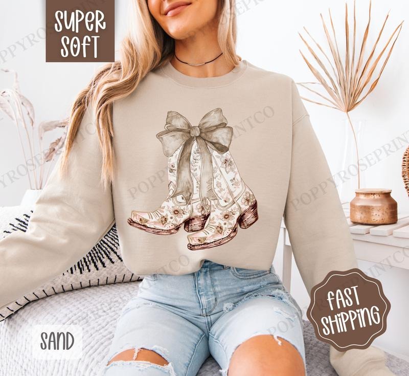 Coquette Beige Cowgirl Boots Sweatshirt, Women's Crewneck, Cute Beige Bow Boots Women's Sweater T-Shirts, Hoodie