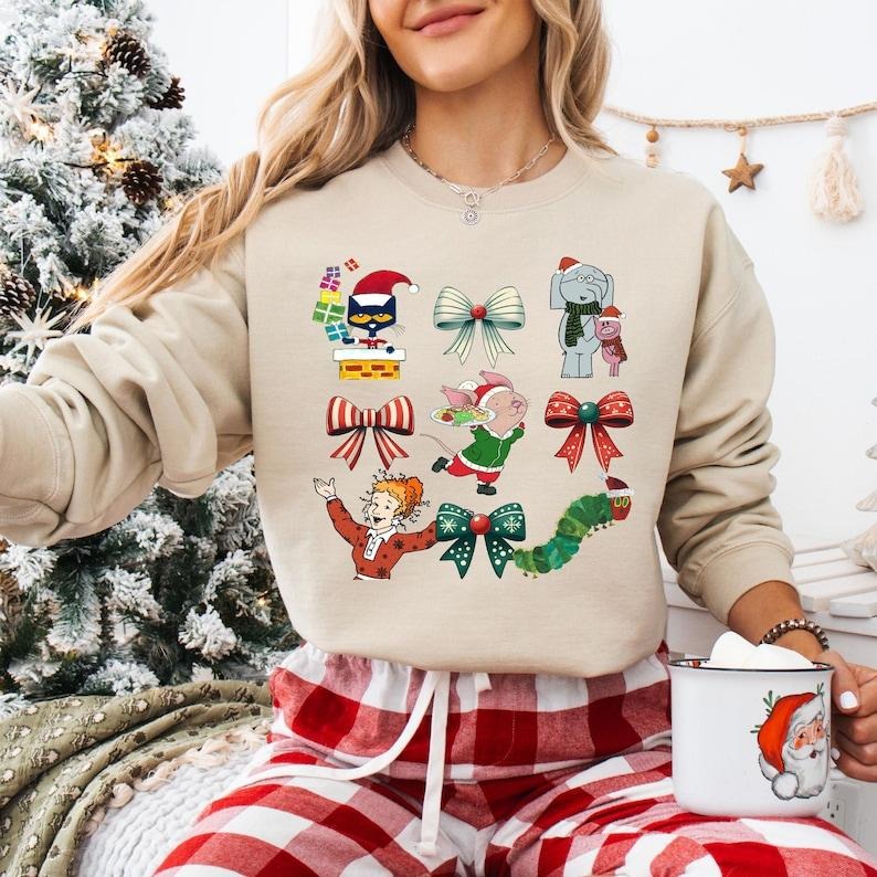 Coquette Bow Book Lover Christmas Sweatshirt, Ms Frizzle Teacher T-shirt, Pete The Cat Xmas Tee, Children's Books Gifts,...