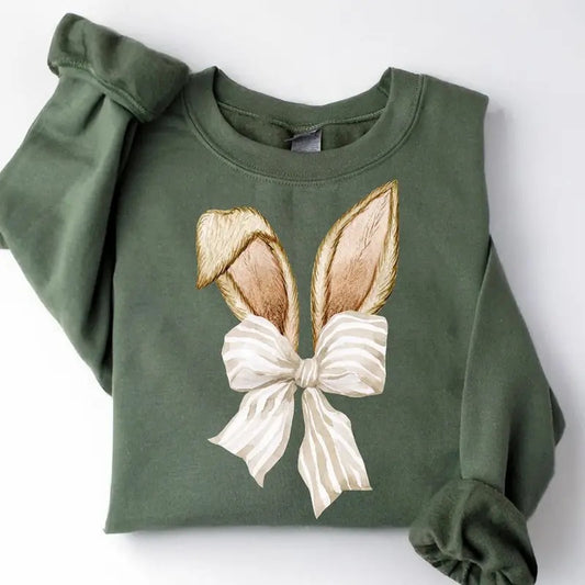 Coquette Bow Bunny Ears Shirt, Cute Bunny Sweatshirt, Rabbit Tee, Happy Easter Day Gift, Coquette Easter, Cute Easter...