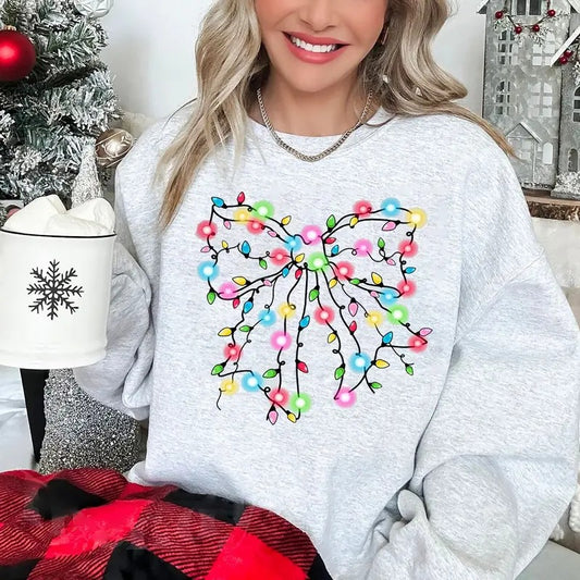 Coquette Bow Christmas Sweatshirt, Bow Christmas Light Shirt, Coquette Christmas Light Sweatshirt, Girly Christmas...