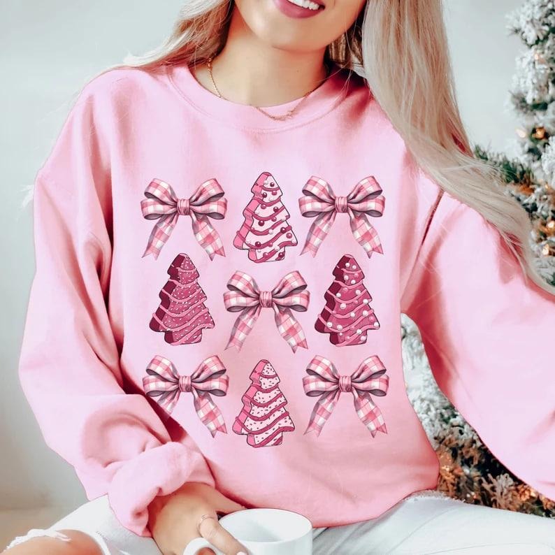 Coquette Bow Christmas Sweatshirt, Christmas Tree Cake Shirt, Coquette Pink Christmas Shirt, Girly Christmas Sweater,...