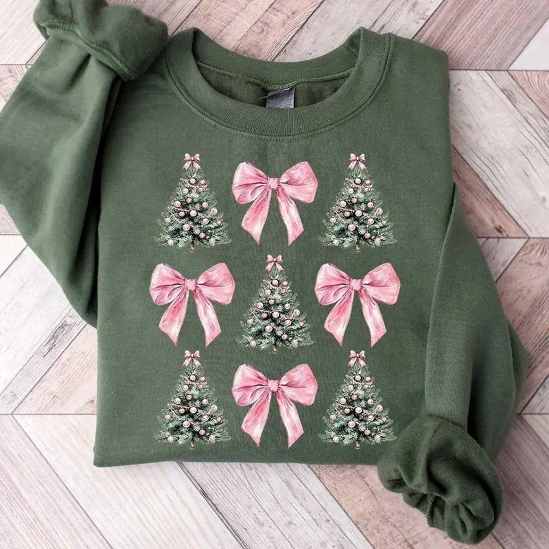 Coquette Bow Christmas Sweatshirt, Christmas Tree Shirt, Christmas Sweatshirt, Girly Christmas Sweater, Coquette Bow...