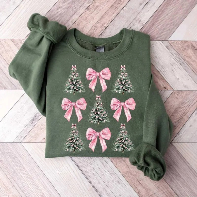 Coquette Bow Christmas Sweatshirt, Christmas Tree Sweatshirt, Xmas Christmas Sweatshirt, Girly Christmas Sweater,...
