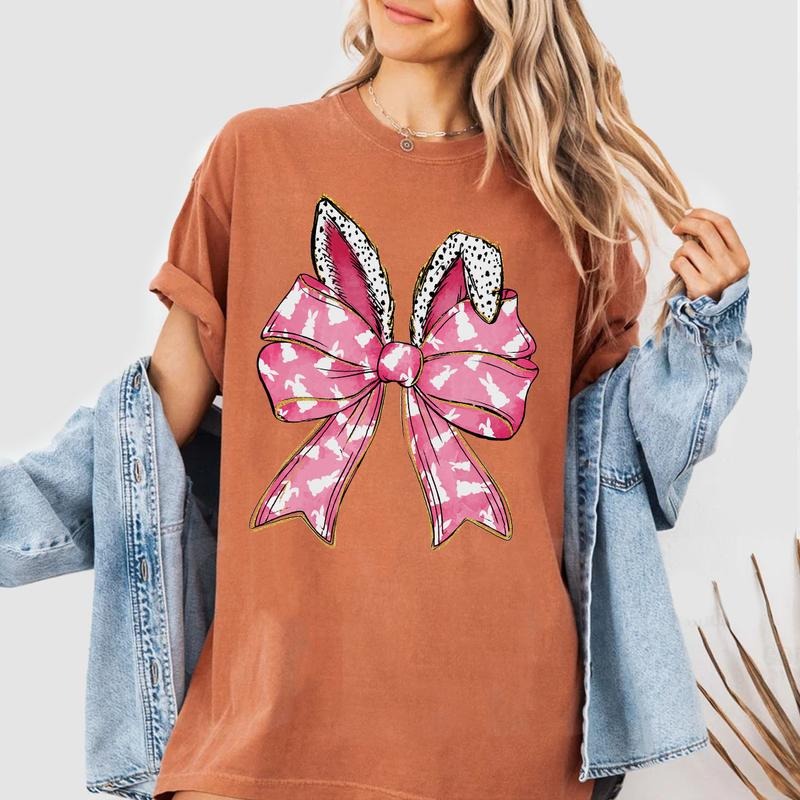 Coquette Bow Easter Shirt, Bunny Ear Spring Tee, Pink Bow Easter Sweatshirt for Women, Cute Easter Bunny Graphic Shirt Hoodie