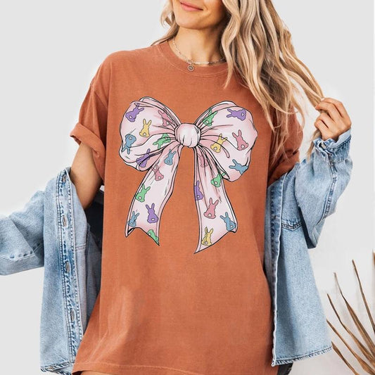 Coquette Bow Easter Shirt, Pastel Bunny Bow Tee, Cute Spring Sweatshirt for Women, Feminine Easter Graphic Shirt Hoodie