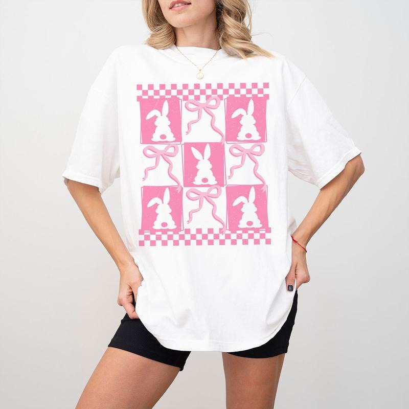 Coquette Bow Easter Shirt, Retro Bunny Graphic Tee, Pink Checkerboard Spring Sweatshirt for Women, Cute Easter Outfit Hoodie