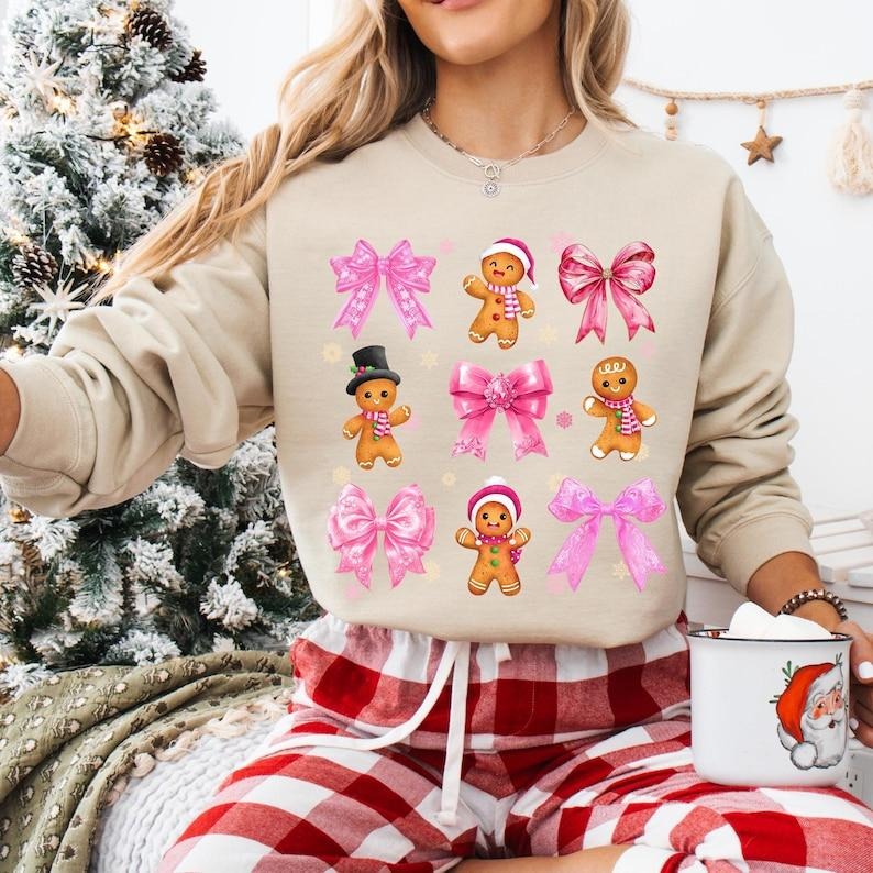 Coquette Bow Gingerbread Christmas Sweatshirt, Pink Christmas T-shirt, Merry Christmas Tee, Merry And Bright Shirt, Cute...