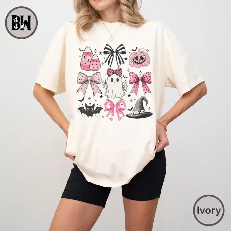 Coquette Bow Halloween Comfort Color Shirt, Coquette Halloween Bow Shirt, Pink Halloween Sublimation Ghost Pumpkin Shirt,...