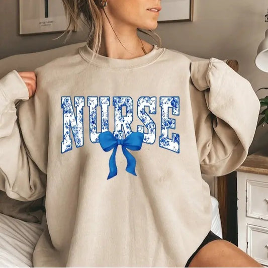Coquette Bow Nurse Sweatshirt, Toile De Jouy Coquette Nurse Shirt, Nurse Ribbon Crewneck, Coquette Nurse Gifts For New...