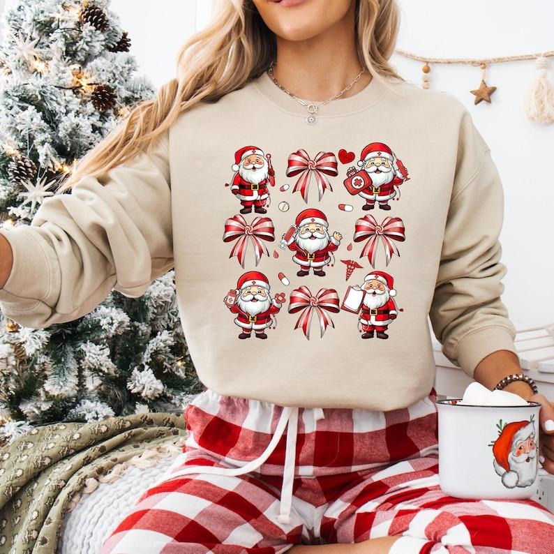 Coquette Bow Santa Nurse Christmas Sweatshirt, Santa's Favorite Nurse T-shirt, ICU ER Rn Nurse Tee, Very Merry Nurse...