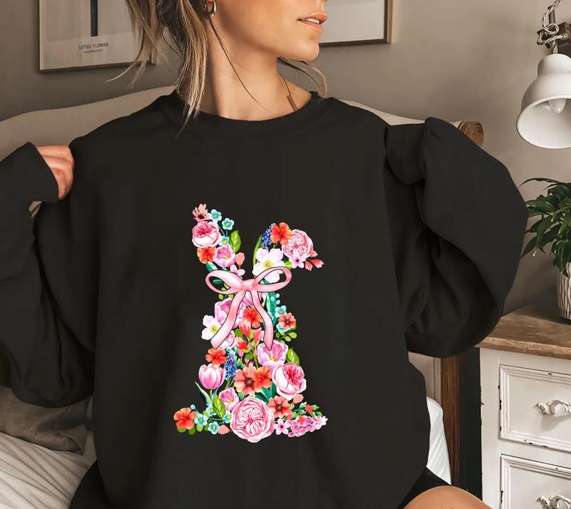 Coquette Bunny Easter Sweatshirt, Floral Bunny Coquette Bow T-Shirt, Spring Flowers Bunny T-Shirt, Easter Rabbit Flower...