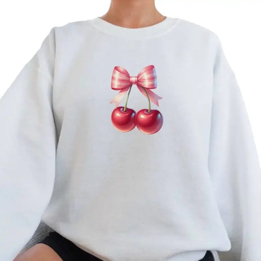 Coquette Cherry Pink Bow Sweatshirt, Women's Trendy Crewneck, Graphic Shirt For Women, Valentines Sweatshirt, Gifts For...
