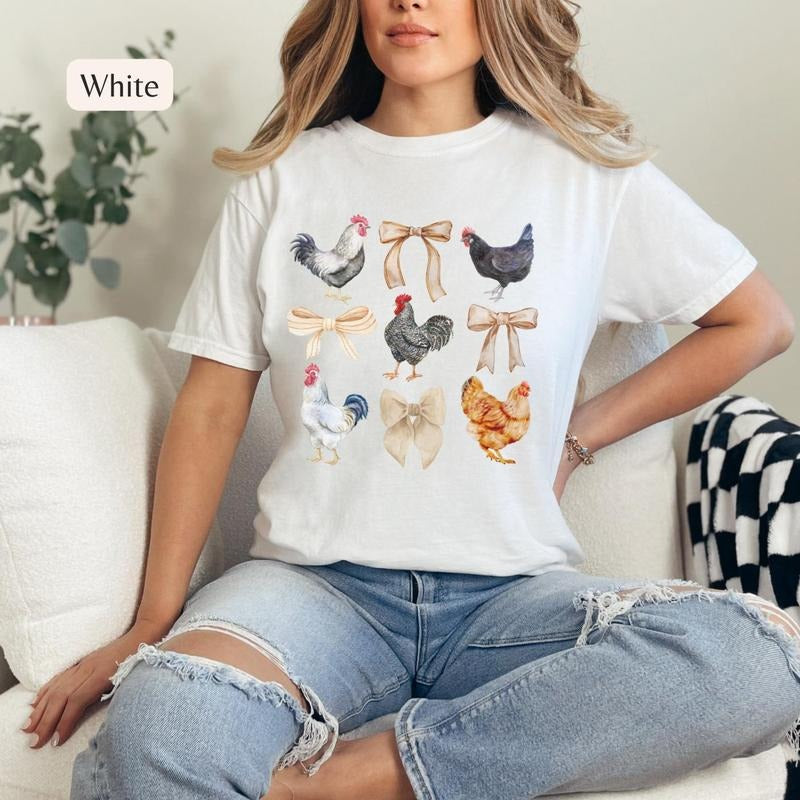 Coquette Chicken T-Shirt, Chicken Lady Graphic Tee Everyday Casual Comfy Womenswear Cute Top Hoodie, Sweatshirt
