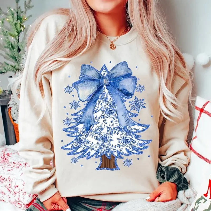 Coquette Chinoiserie Christmas Tree Sweatshirt, Coquette Blue Christmas Tree Sweater, Blue Floral Bow Shirt, Winter...