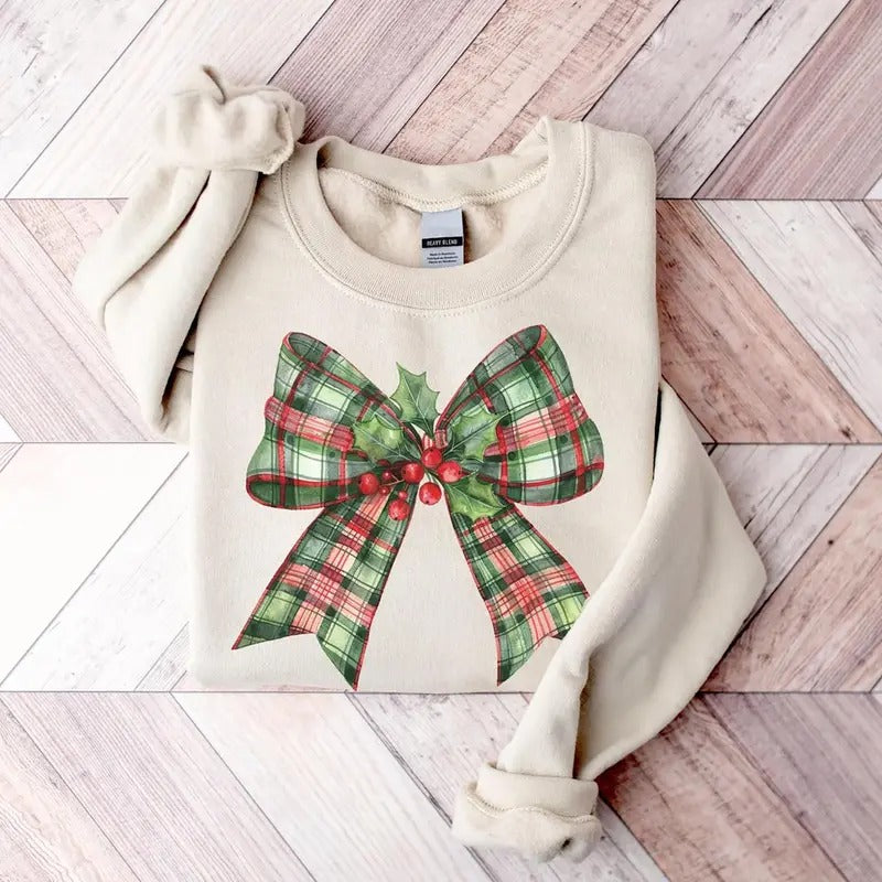 Coquette Christmas Bow Sweatshirt, Holiday Christmas Sweater, Cute Winter Crewneck Sweatshirt, Coquette Bow Xmas Tee...