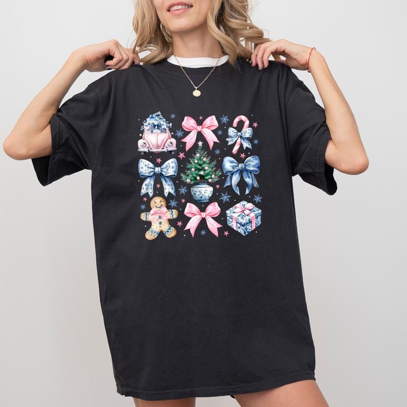 Coquette Christmas Comfort Colors Shirt, Retro Christmas Vibes Unhinged Tees, Coquette Christmas Bows Oversized Tee,...