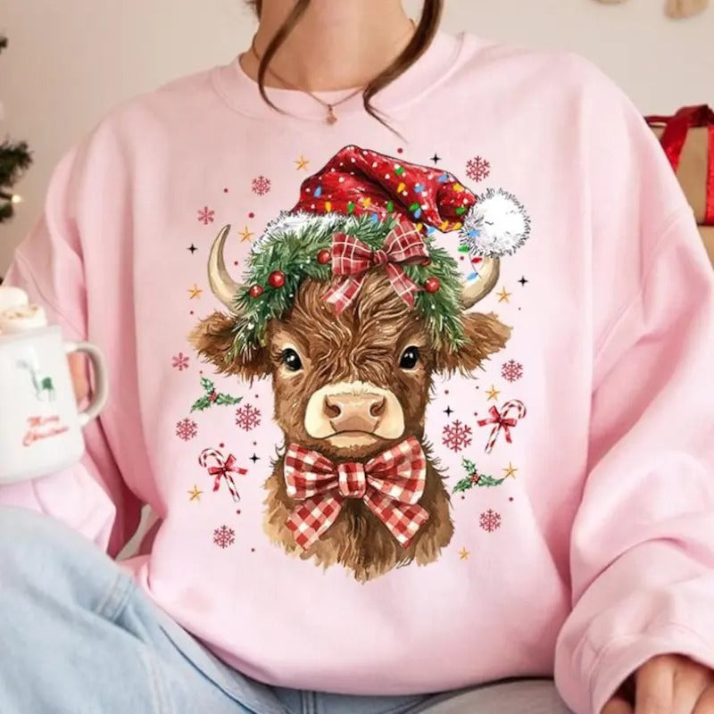 Coquette Christmas Highland Cow Shirt, Western Christmas Sweatshirt, Highland Cow , Merry Xmas , Coquette Aesthetic...