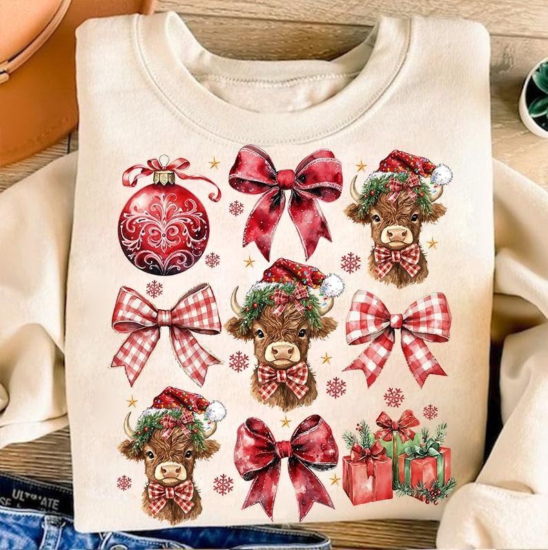 Coquette Christmas Highland Cow , Western Christmas Sweatshirt  Highland Cow , Merry Xmas , Coquette , Aesthetic...
