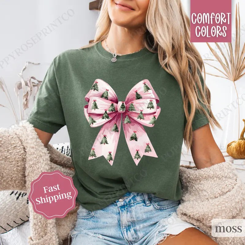 Coquette Christmas Tree Shirt, Christmas Tree Bow Tee,  Women's Holiday Tshirt Hoodie, Sweatshirt | WearSparks.com