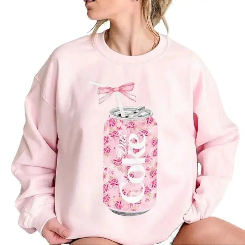 Coquette Diet Coke Sweatshirt, Floral Diet Coke Shirt, Cute Baby Pink Bow Tee, Trendy Soda Can With Roses, Fun Coke Lover...