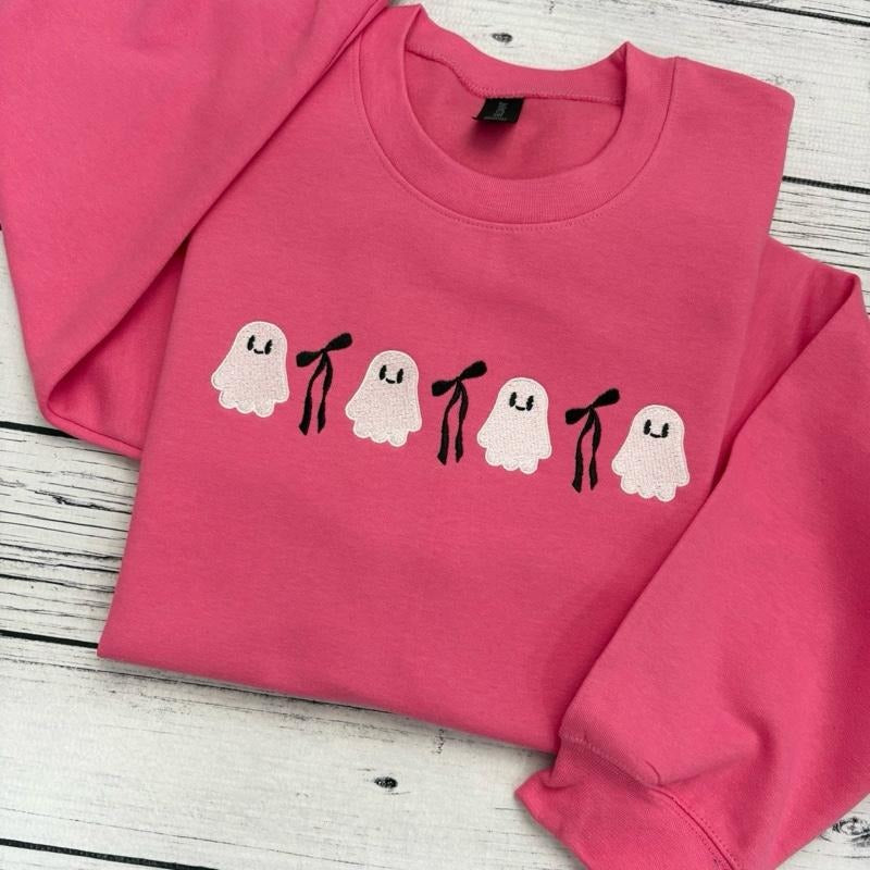 Coquette Ghost Embroidered Crewneck Sweatshirt Bows Pink T-Shirts, Hoodie | WearSparks.com