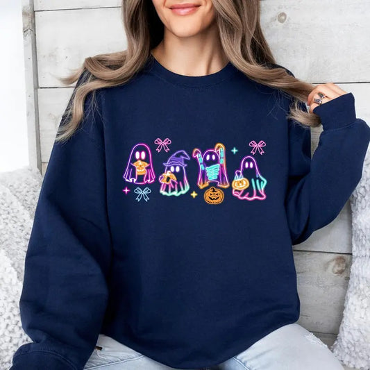 Coquette Halloween Neon Sweater Halloween Ghost Neon Sweatshirthalloween Ghost Hoodie Halloween Party Sweatercoquette Bow...