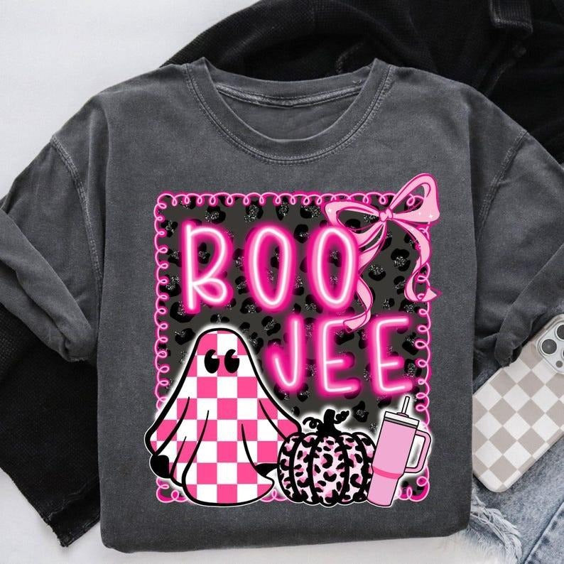 Coquette Halloween Pink Halloween Tshirt, Boo Jee Bow Frame Checkered Glitter Leopard Ghost Pumpkin Shirt, Trendy Graphic...