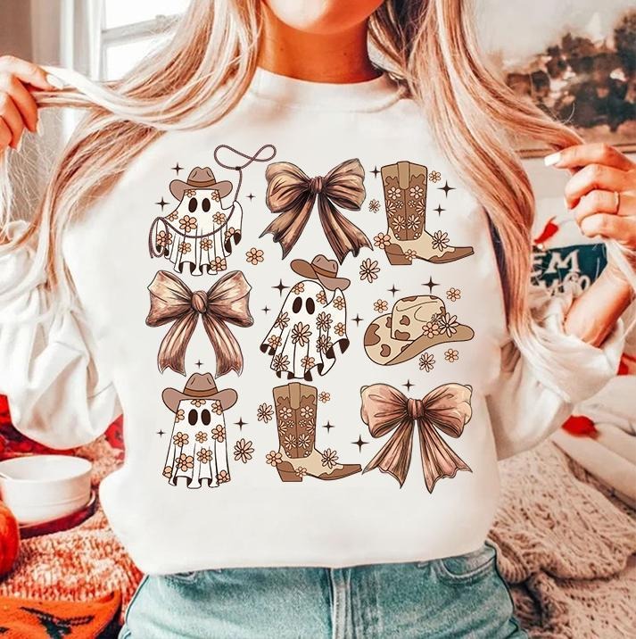 Coquette Halloween Shirt, Western Halloween Sweatshirt, Cowboy Ghost, Spooky Season Unisex Cotton Shirt