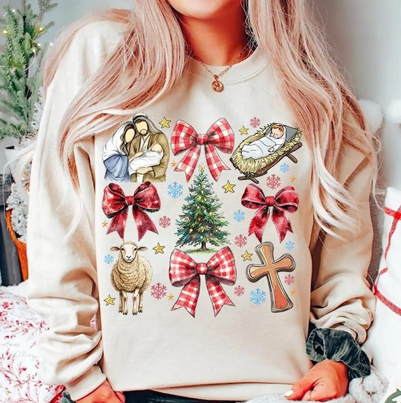 Coquette Jesus Christmas Shirt, Christian Christmas Tee Shirt, Bible Verse Christmas Sweatshirt, Nativity Scene Sweater,...