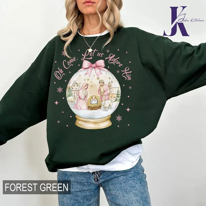 Coquette Jesus Christmas Shirt, Oh Come Let Us Adore Him Shirt, Nativity Scene Christmas Sweatshirt, Baby Jesus Tee, Oh...