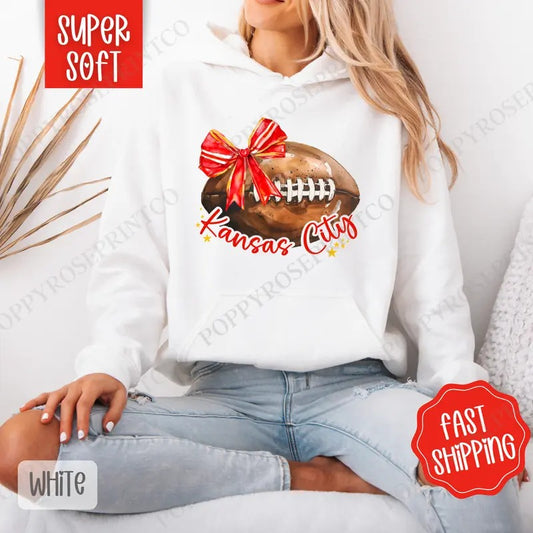 Coquette Kansas City Football Bow Hoodie, Football Women's Crewneck, Trendy Women's Hooded Sweater T-Shirts, Sweatshirt