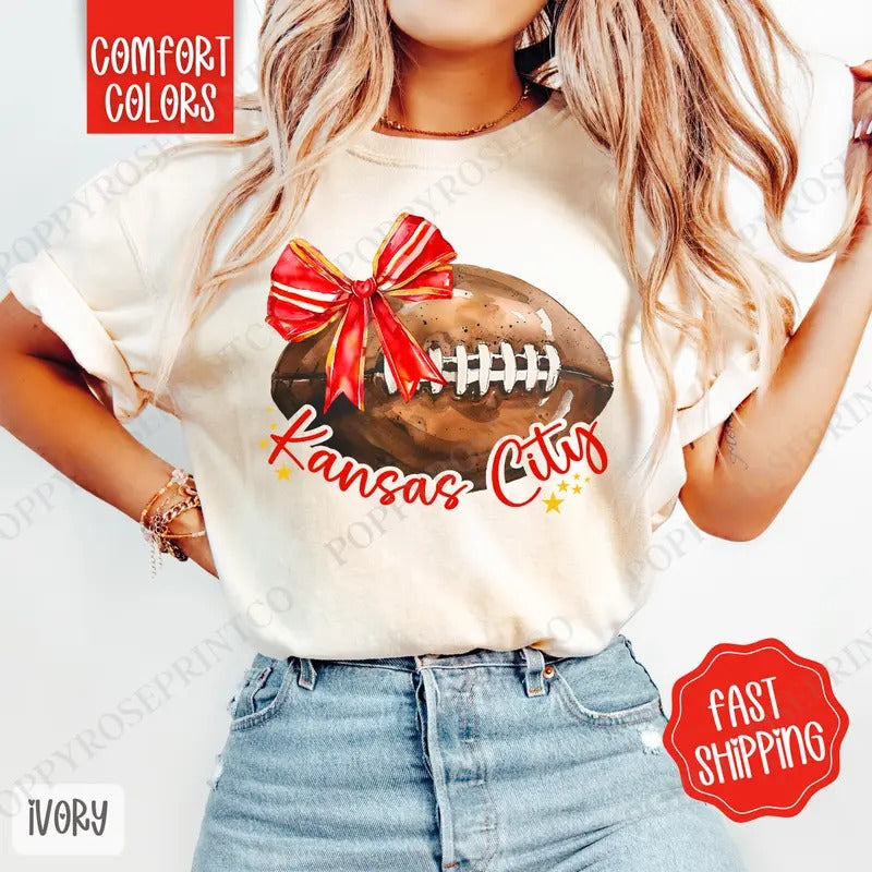 Coquette Kansas City Football Bow Shirt Comfort Colors, Women's Football Tee, Fall Womenswear Oversized Crewneck Hoodie,...
