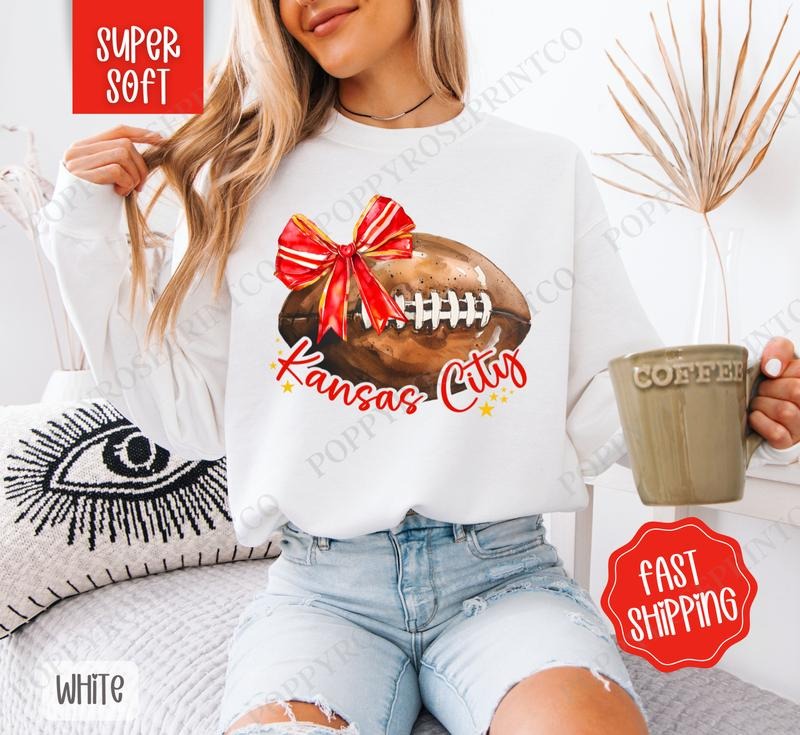 Coquette Kansas City Football Bow Sweatshirt, Game Day Football Crewneck, Fall Women's Sweatshirt T-Shirts, Hoodie