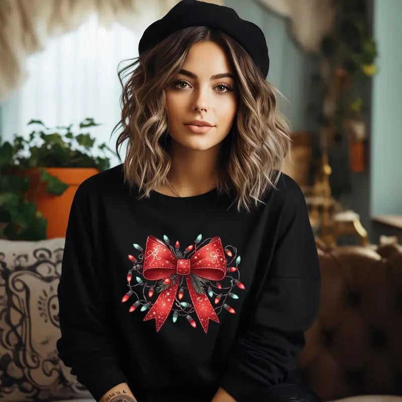 Coquette Light Bow Santa Shirt for Women - Merry Christmas T-Shirt with Red Bow Xmas Design