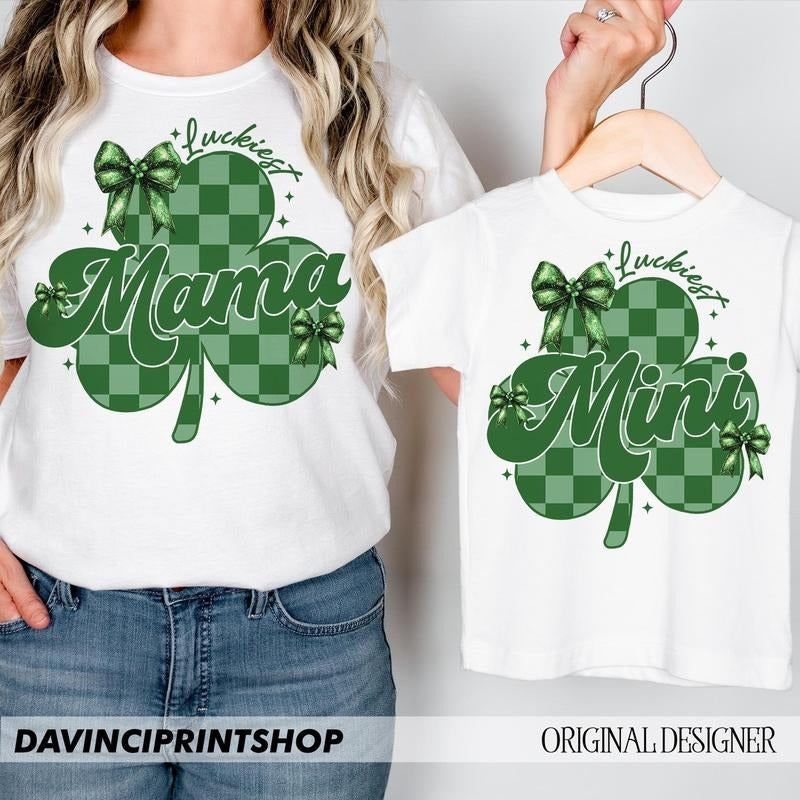 Coquette Mama And Mini St Patricks Checkered Shamrock Mama Mini St Patricks Stpatrick Bow Shamrock Lucky Retro T-Shirts,...