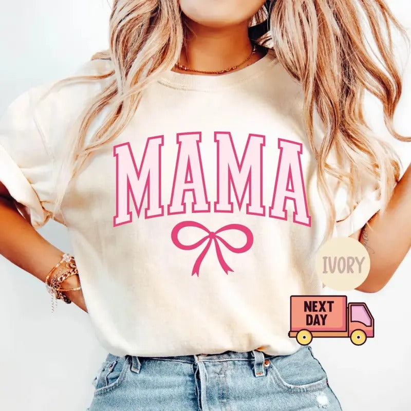 Coquette Mama Pink Bow T-Shirt, Coquette Mama Bow Sweatshirt, New Mom Tee Shirt, Cotton Fabric, Mother's Day Gift Hoodie