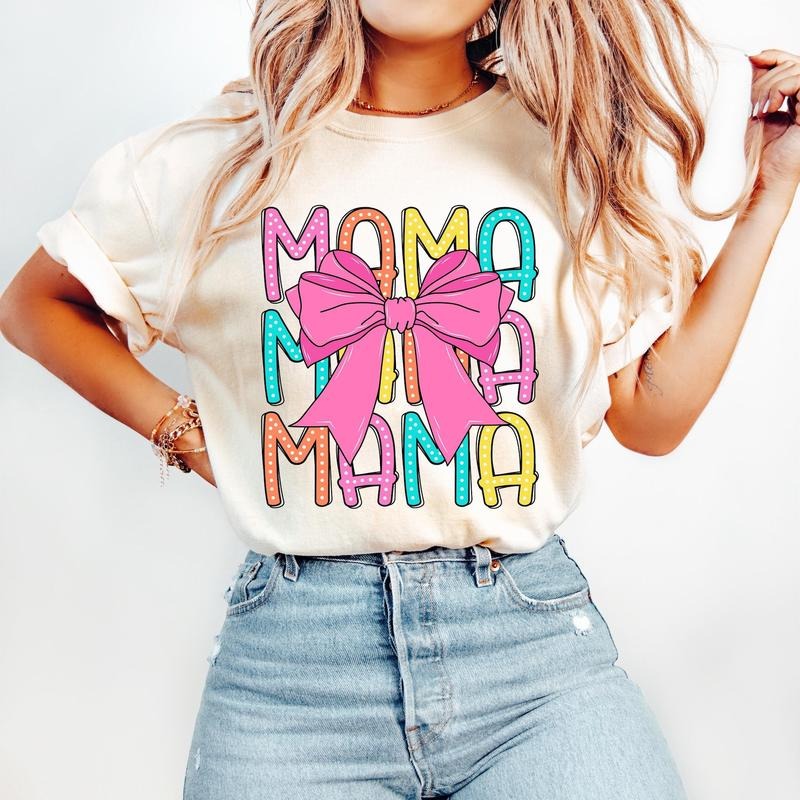 Coquette Mama T-Shirt, Mama Coquette Bow T-Shirt, Gift for Mom, Bright Doodle Dots,Mom Life Shirt, Retro Mama...