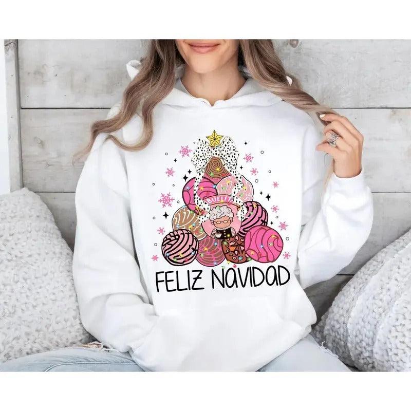 Coquette Mexican Christmas Sweatshirt with Pan Dulce and Chocolate Design, Unisex Holiday Hoodie for a Cozy Pink...