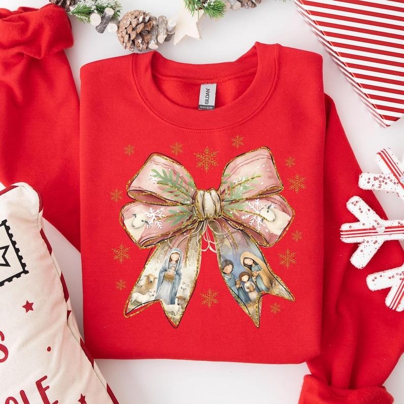 Coquette Nativity Scene Sweatshirt, Coquette Bow Jesus Shirt, Nativity Christmas Shirt, Love Like Jesus Shirt,Lightweight...