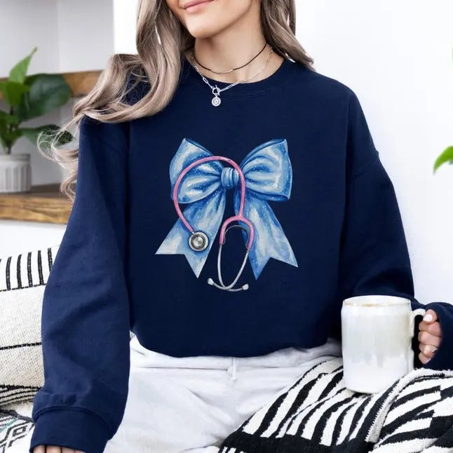 Coquette Nurse Bow Sweatshirt, Nurse Stethoscope Bow Crewneck, Nursing School Sweater, Christmas Nurse Gift, Nurse Ribbon...