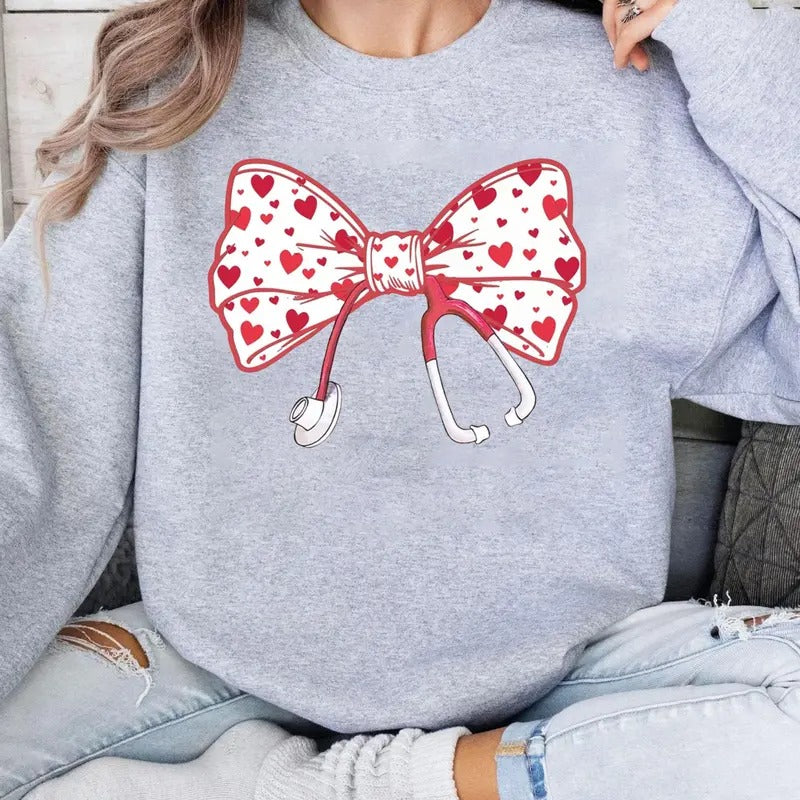 Coquette Nurse Stethoscope Bow Sweatshirt - Valentines Day Gift for New Nurses, RN, Nurse Practitioners & Nursing School...
