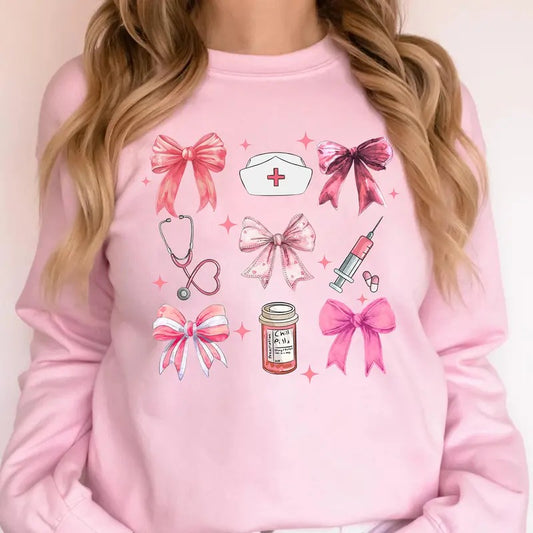 Coquette Nurse Sweatshirt, Pink Bow Nurse Sweatshirt, Girly Nurse Sweater, Nurse Gift Casual Comfort T-Shirts, Hoodie