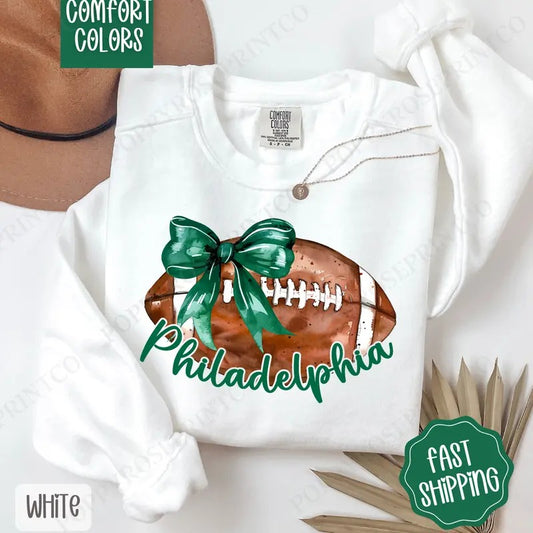Coquette Philadelphia Football Bow Comfort Colors Sweatshirt, St Patrick's Day Women's Crewneck, Cute Women's Sweater...