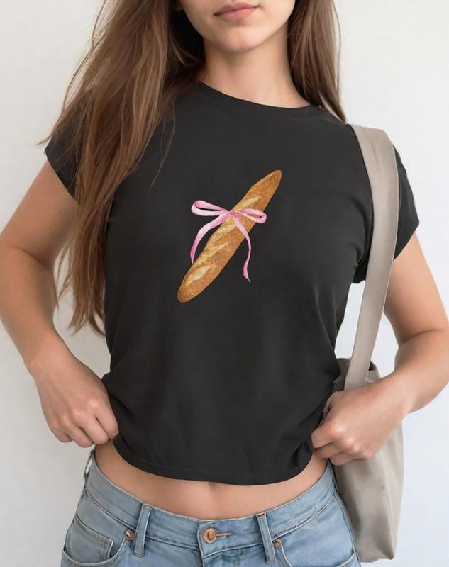 Coquette Pink Bow Bread Baby Tee, French Barquette Tee Shirt, Pink Ribbon Bread Tee Shirt, Coquette Aesthetic Baby Tee...