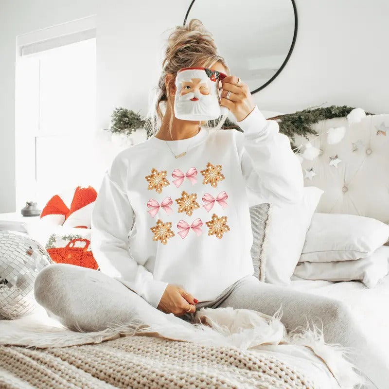 Coquette Pink Bow Christmas Sweatshirt | Xmas Holiday Gold Star Sweater - Fabric, Pullover T-Shirts, Hoodie | WearSparks.com